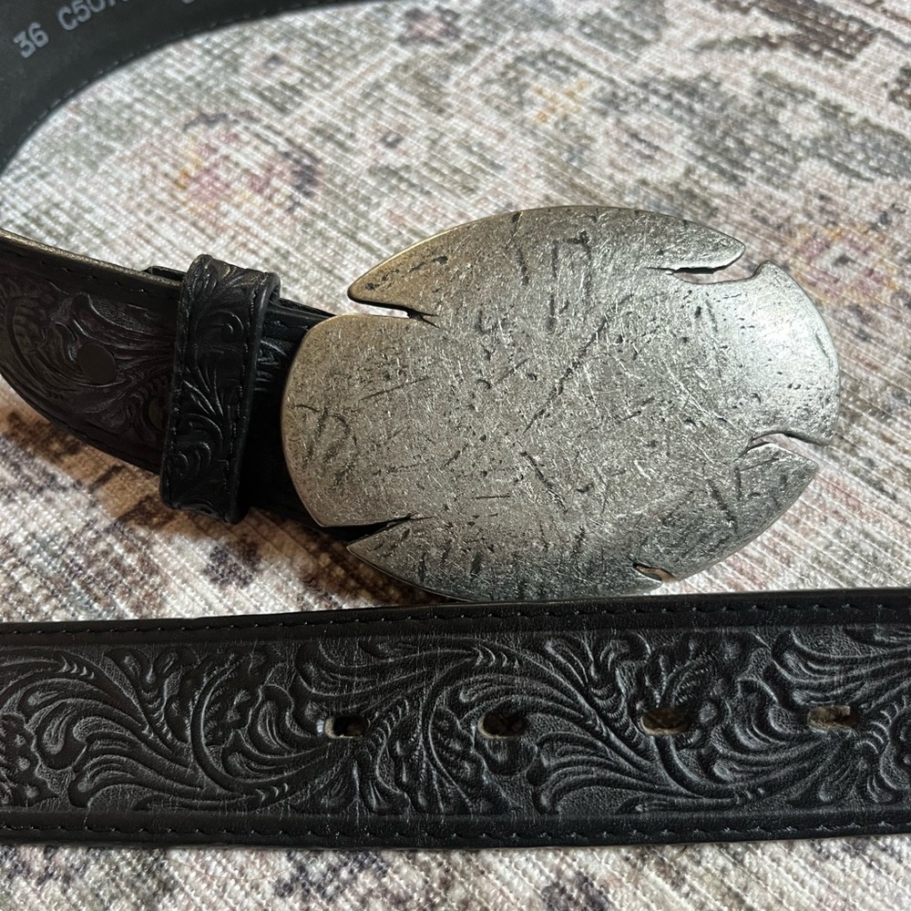 Tony Lama Black Leather Belt with Buckle - Picture 2 of 3